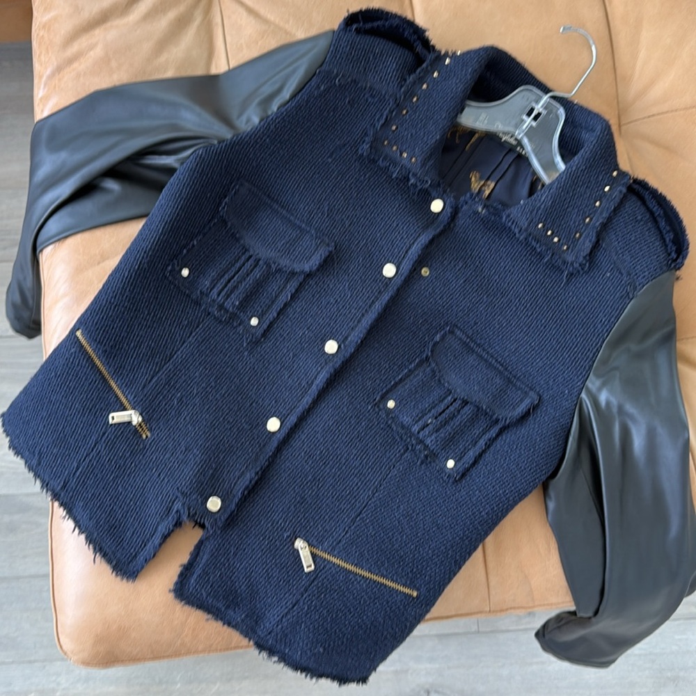 Zara Navy Jacket with Black Leather Sleeves